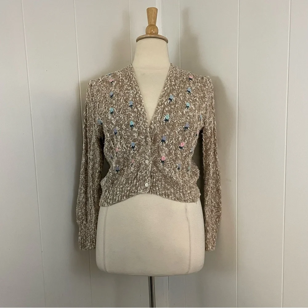 Vintage Knit Cardigan Sweater Women’s XL Floral V-Neck‎ Long Sleeve Linen Cotton - Picture 8 of 8